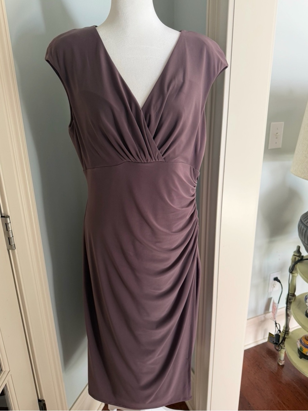 Women's Draped V-Neck Midi Dress in tan